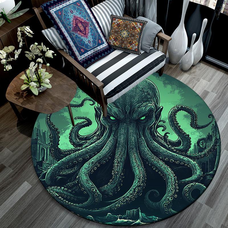 Green Octopus Round Area Rug,Carpet Rug for Living Room Bedroom Sofa Playroom Decor,Non-slip Floor Mat