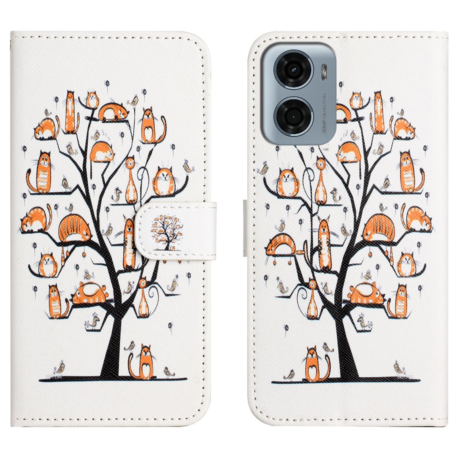 

For Motorola Moto E15 4G/G05 4G Case Pattern Print PU Leather Wallet Phone Cover Cross Texture Cat and Tree