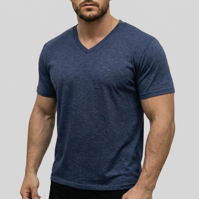 Men V Neck Short Sleeve T Shirt Slim Fit Solid Color Casual Basic Top
