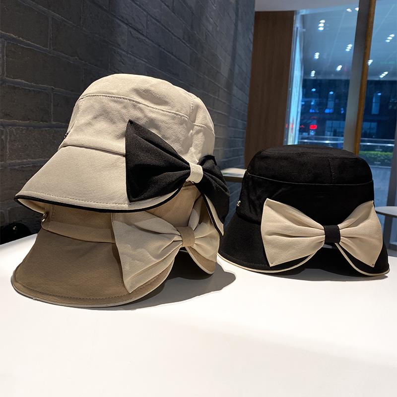 Contrasting color bow bucket hat women's spring and autumn new fashion washbasin hat wide brim versatile face hat