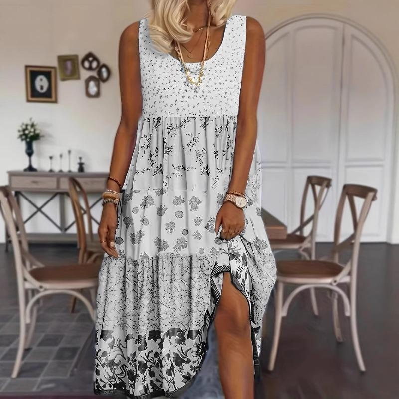 Summer New Women's Dress O-neck Flower Print Elastic Comfortable Simple Vacation Beach Sundress Midi Skirt