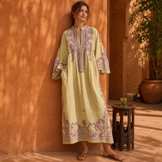 Abito Lungo Boho Casual da Donna, Estivo Lungo Bohémien con Stampa Ricamata, Manica 3/4 Scollo a V Svasato, Abiti da Vacanza con Tasche