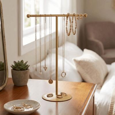 Round Base T-Shaped Stand Metal Frame Jewelry Storage Rack Necklace Holder  Woman Accessories