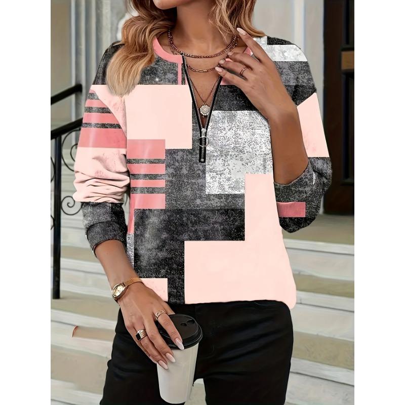 Women V-Neck Long Sleeved T Shirt Fashion Zipper Women Shirts Loose 2025 Autumn Geometry Color Blocked Printing Casual Clothes