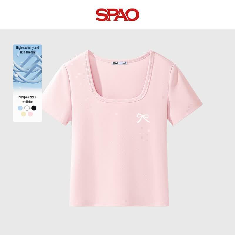 SPAO Ribbed Cropped T-Shirt with Bow L