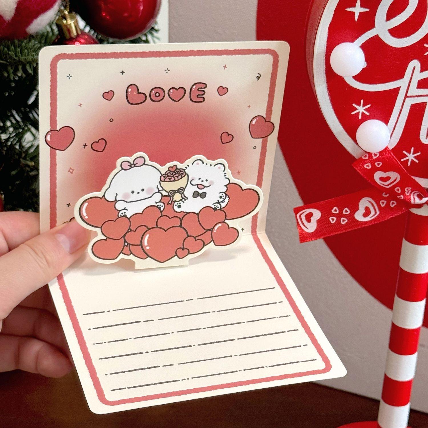 3D Red Heart Confession Card with Cute Puppy - Birthday Postcard for Handwritten Blessings.