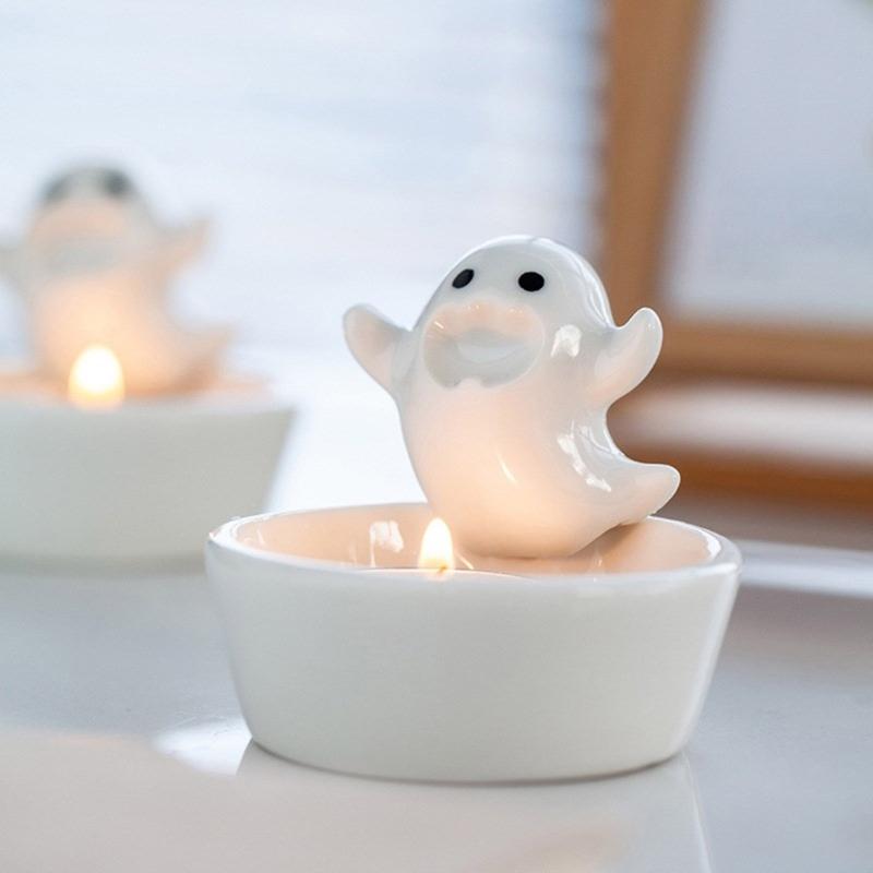 Ceramics Cartoon White Ghostly Figurine Candle Holders Halloween Tealight Holders Candlestick Table Decors for Festivals
