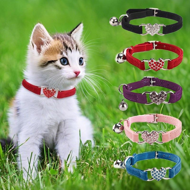 1pc Pet Collar With Rhinestone Heart & Bell Decoration, Cat Collar