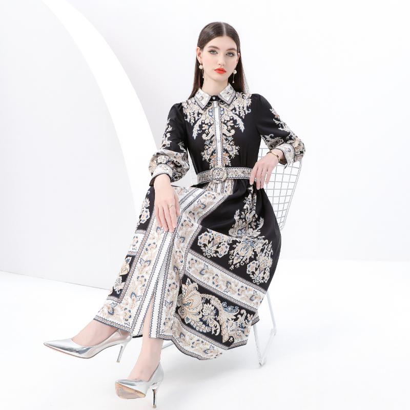 Spring Summer Women Brand Designer Vintage Palace Print Single Breasted Ankle Length Party Shirt Dresses with Belt