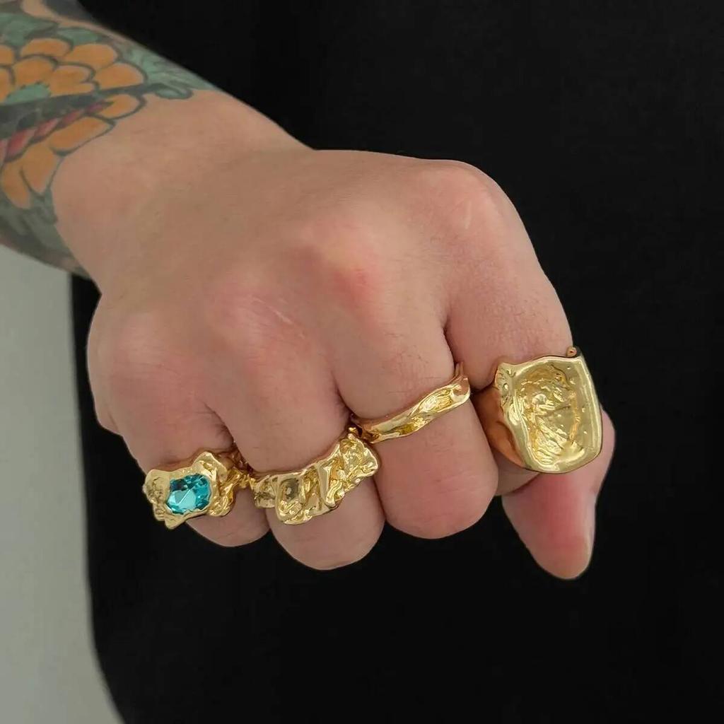 SHIXIN 4Pcs/Set Retro Gold Color Irregular Texture Metal Ring Women Men Exquisite Acrylic Rhinestone Open Wide Ring Jewelry Gift