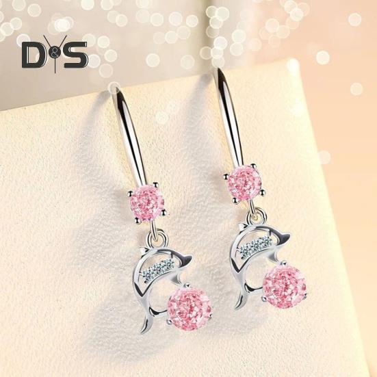 1 Pair Korean Style Hook Earrings Dolphin Design Shiny Rhinestones Drop Earrings Women Mid-length Earrings
