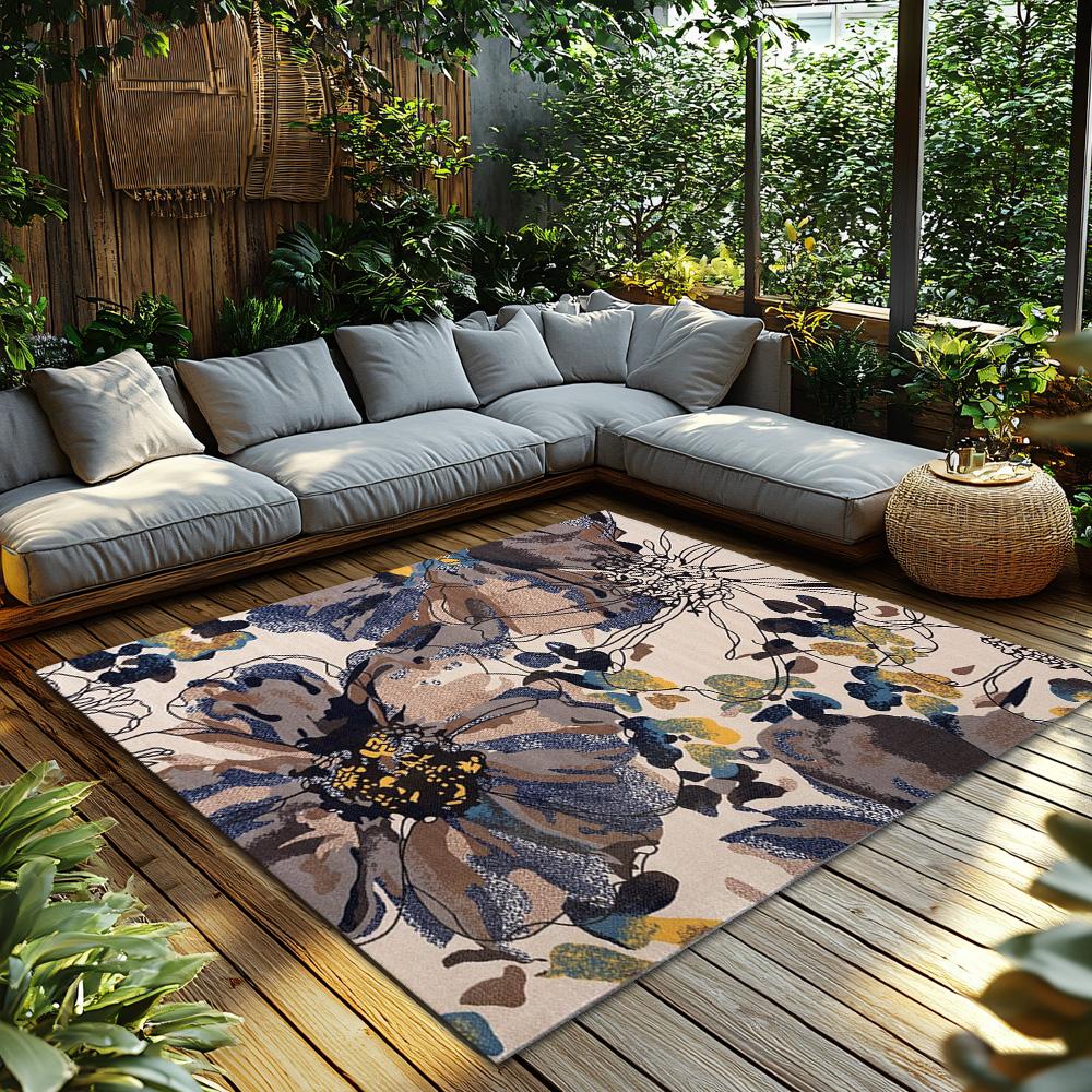 Cream White Floral Bohemian Rug, Purple Blue Flower Pattern Non-Slip Carpet, Artistic Living Room Mat for Vintage Home Decor