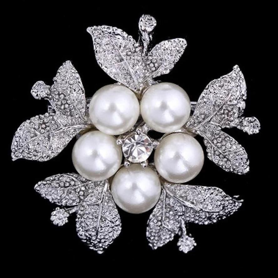 

1 Pcs Bridal Wedding Accessories Simulated Pearl Rhinestones Flower Brooches For Women Brooch Pins Jewelry Accesorios серебряный