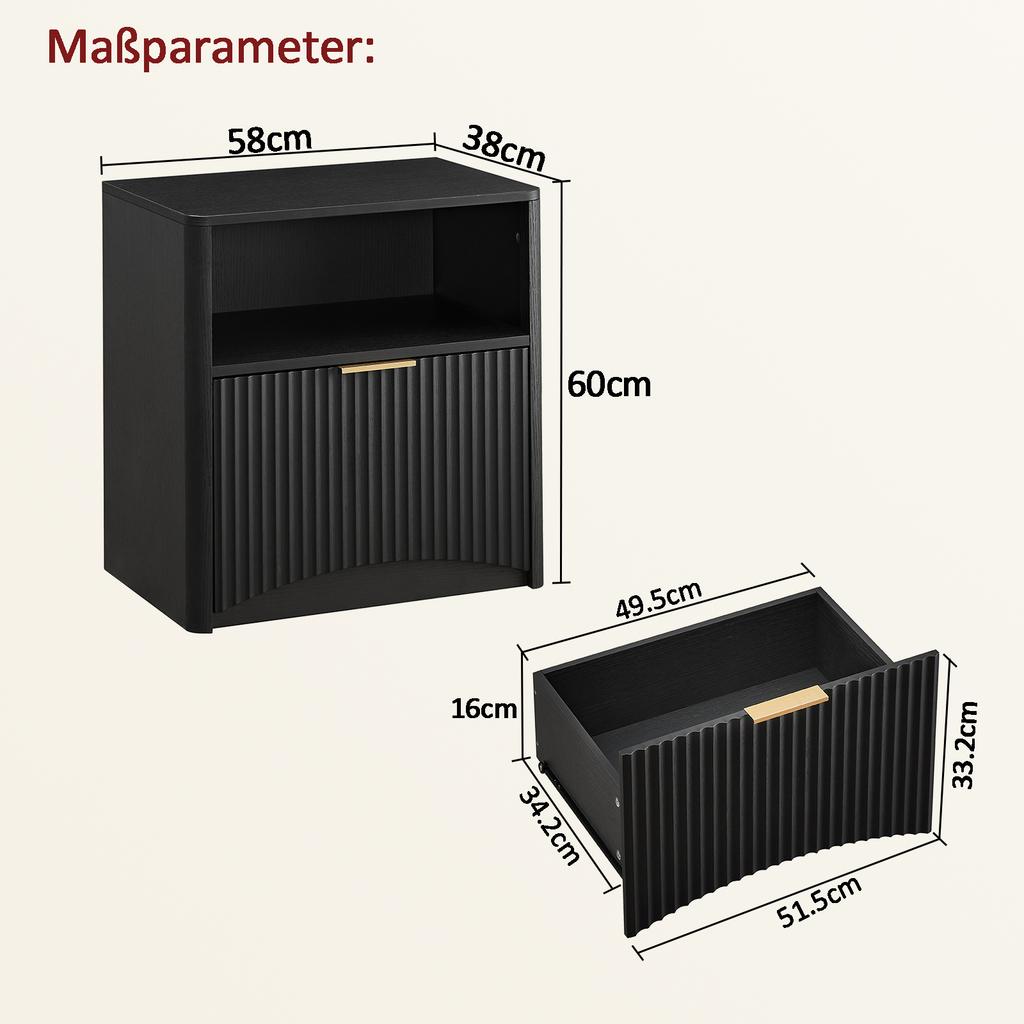 Grooved nightstand with open drawer and gold handles, space-saving, suitable for bedroom and living room, black