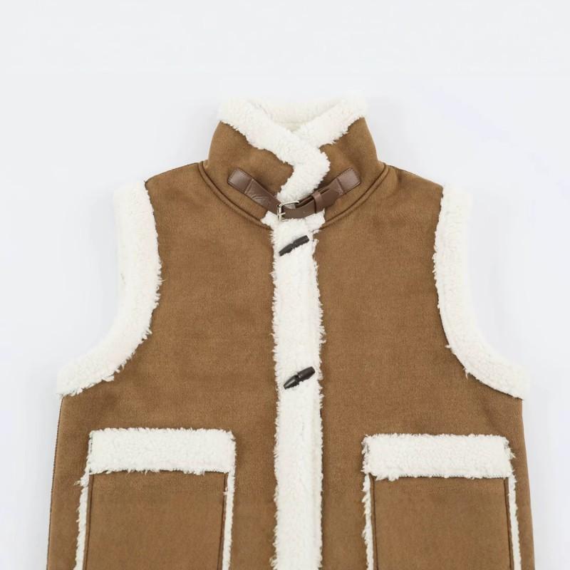 Womens Faux Suede Sherpa-Lined Stand Collar Biker Vest Sleeveless Streetwear 2026