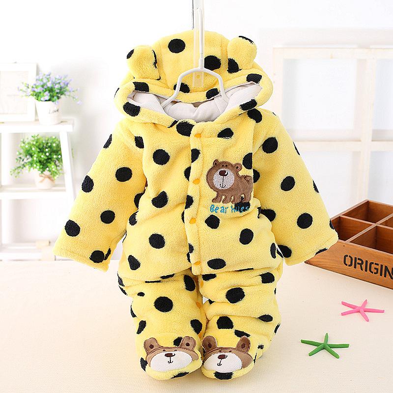 Polka Dot Bear Footed Baby Romper - Coral Fleece Crawling Suit for Autumn and Winter