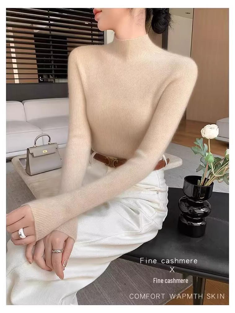 Damen Kaschmir Pullover mit halbem Rollkragen, figurbetont - Nahtlose Herbst/Winter Strickware