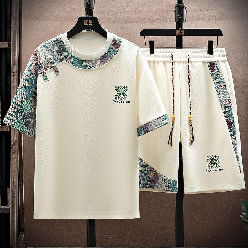 

Новый спортивный костюм в китайском стиле, комбинированный, для отдыха, мужской, летний, с коротким рукавом, шорты, свободный, модный, комплект из двух предметов 4XL бежевый