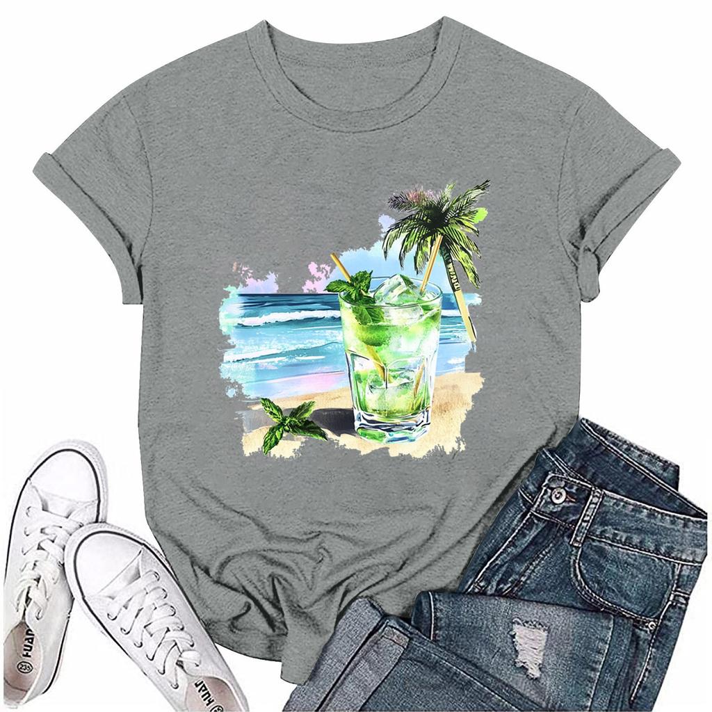 Women Fashion Printed Round Neck Short Sleeve T-Shirt Pullover Top