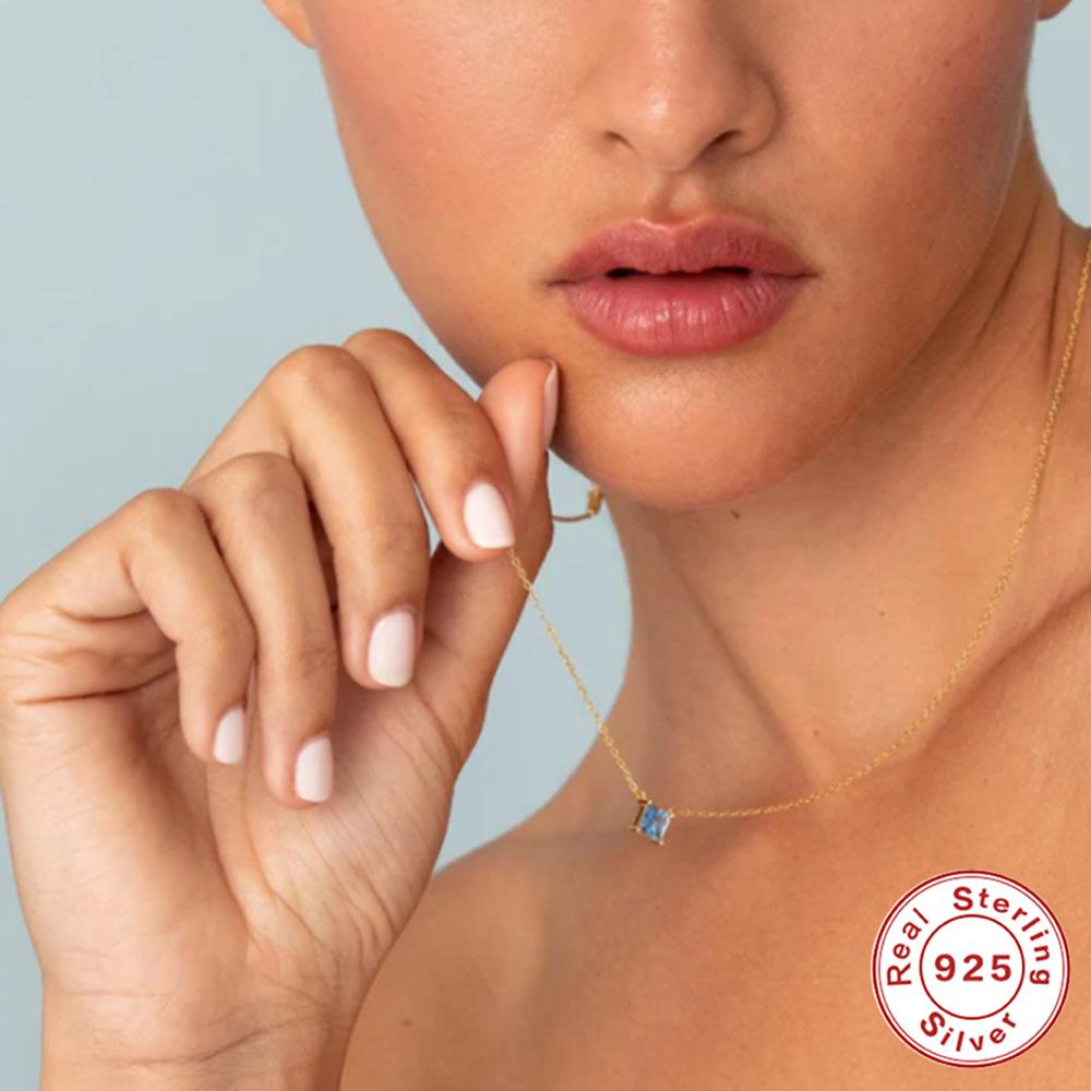 Stylish And Simple Style High-End Sense S925 Sterling Silver Square Four-Claw Diamond-Encrusted Women'S Collarbone Necklace