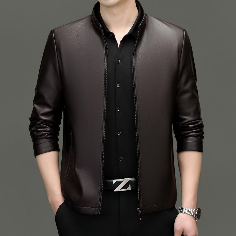 Men's High-End Genuine Sheepskin Leather Jacket, Business Casual Stand-Up Collar, Fleece-Lined for Middle-Aged.