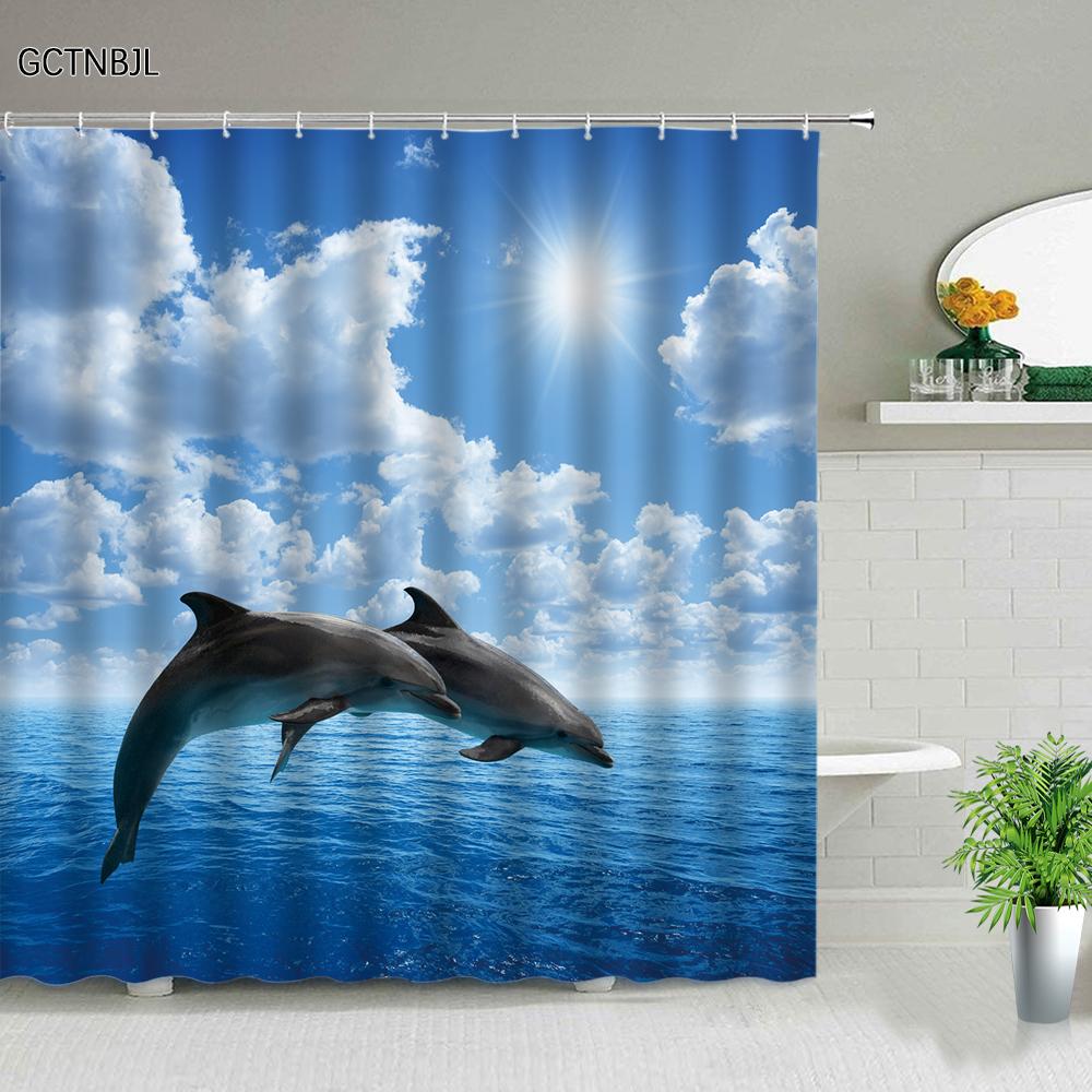 Funny Dolphin Shower Curtains Cute Ocean Animal Blue Seawater Sea Wave Scenery Bathroom Decor Cloth Hanging Curtain With Hooks