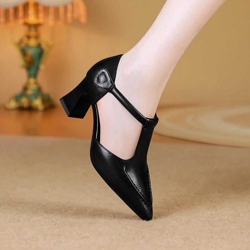 Fashion 2025 New Hollow High-heeled Single Shoes Autumn Pointed Toe Shallow Mouth One Belt Non-slip Wear-resistant Block Heel Shoes