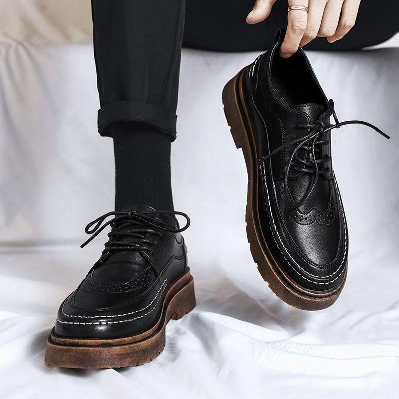 Men's 2025 Autumn/Winter Black Leather Shoes: British Business, Casual, & Wedding Styles - Low-Top Martin Boots