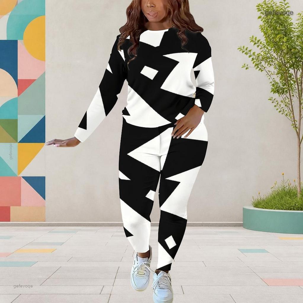 Women Plus Size Black White Printed Round Neck Long Sleeve Top And Fitted Pants Two Piece Set