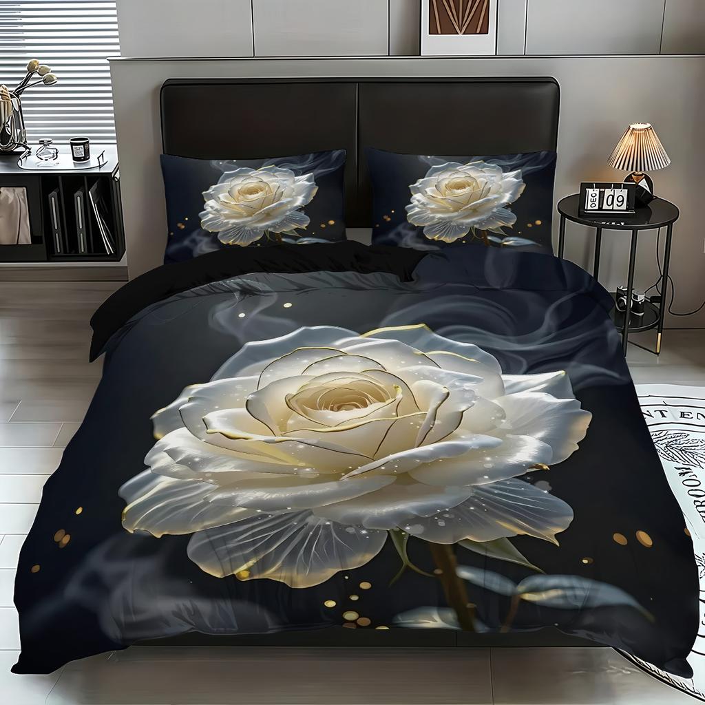 Bed Three-Piece Rose 3D Digital Printing Abrasive Pillowcase Quilt Cover Kit
