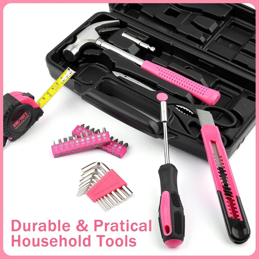 SenHodyu Pink Tool Set for Women-40 Piece General Household Hand Tool Box with Plastic Toolbox Storage Case Tool Kit (Pink)