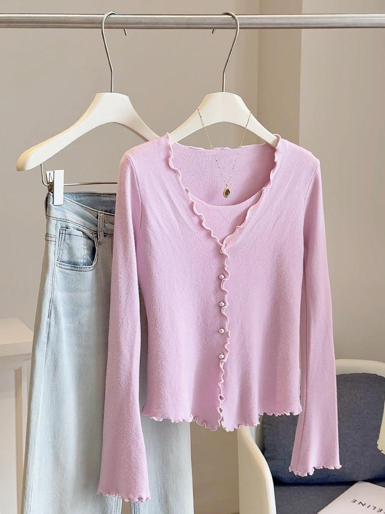 Koreanischer Stil Zweiteiliges Wollstrick-Camisole: Damen Schlankmachendes Langarm-Top für Herbst/Frühling