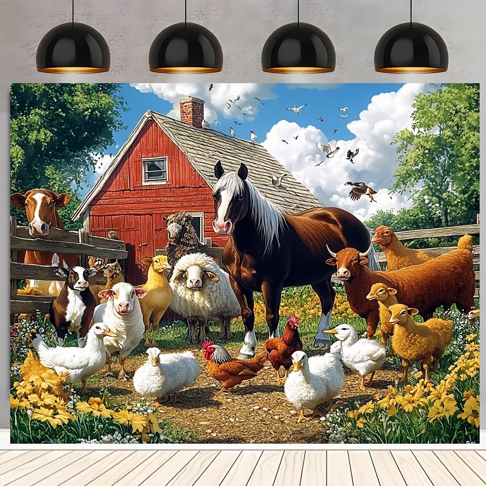 Farm animal party background with vibrant cow, sheep, horse, chicken, goose, pig and dog scene with red barn and windmill