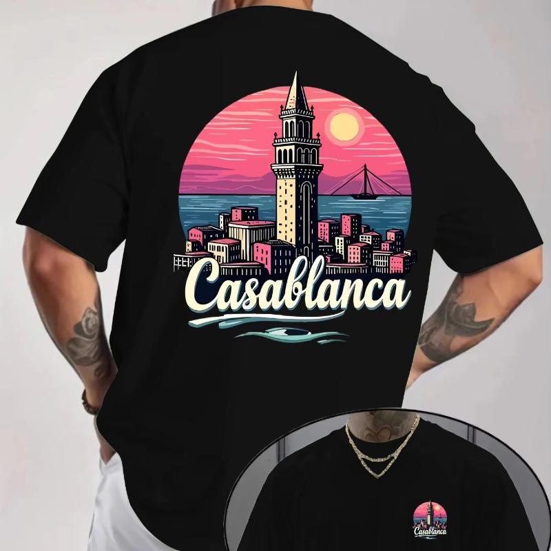 

Men s Women Retro Morocco City Print T-shirt - Summer Casual T-shirt with Crescent Moon and Urban Landscape Design Short-sleeved M