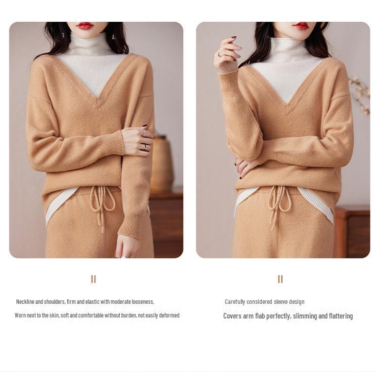 Color-Block Women's Wool Two-Piece Set: High Neck Sweater & Wide-Leg Pants with Faux Collar, Autumn/Winter 2023 Collection