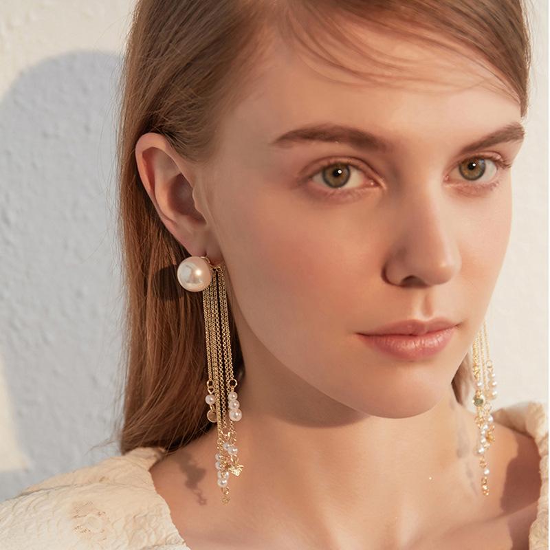 Silver needle retro imitation pearl long fringed earrings ins Internet celebrity personality premium earrings