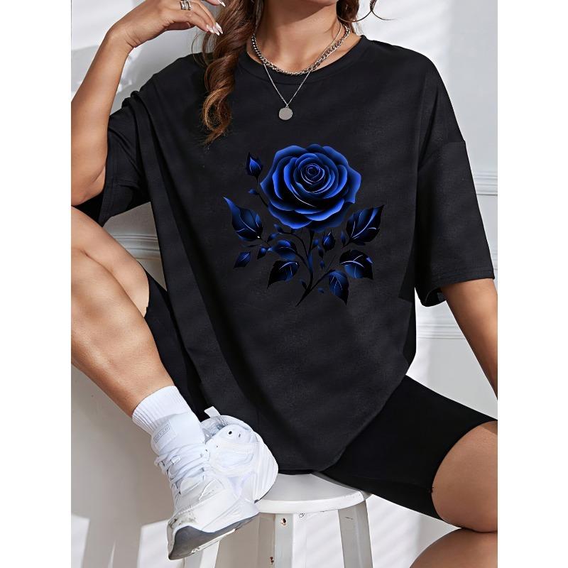 White Crew Neck T Shirt With Blue Rose Print For Casual Wear