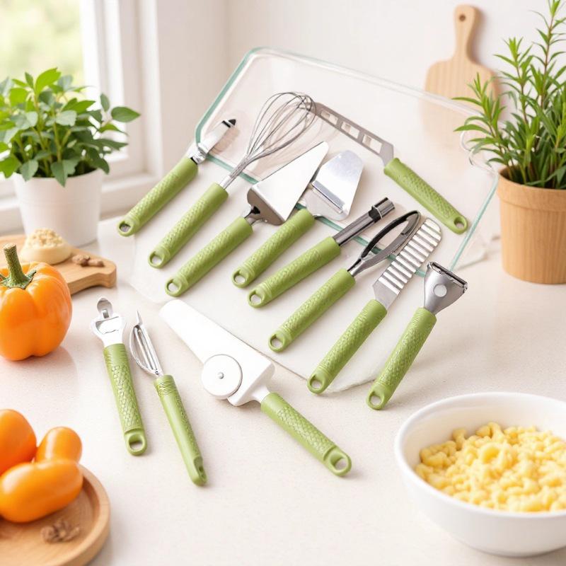 Multifunctional Kitchen Utensil Set: Stainless Steel Y-Handle Tools - Can Opener, Pizza Cutter, Cake Spatula