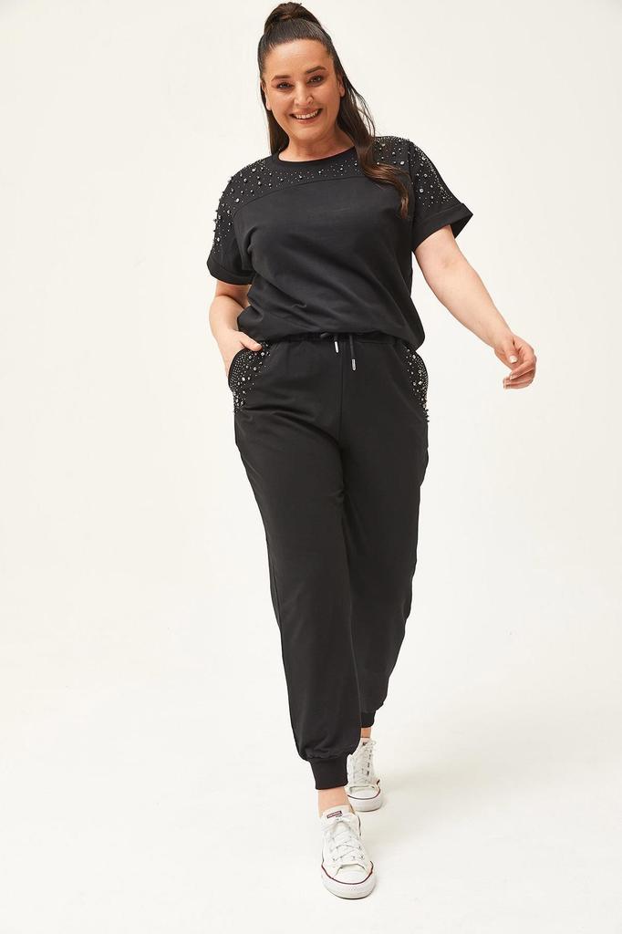 Set de trening de marime mari la moda pentru dama Set de trening de vara verde cu maneca scurta, detaliat cu piatra si margele