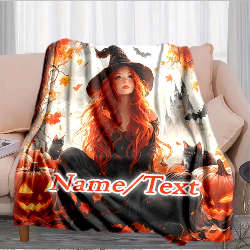 1PC Custom Name Witch Autumn Leaves Outdooor Flannel Blankets Throw Blanket All-Season Throw Gift Bedspread for Couch, Bed, Camping Holiday Birthday G