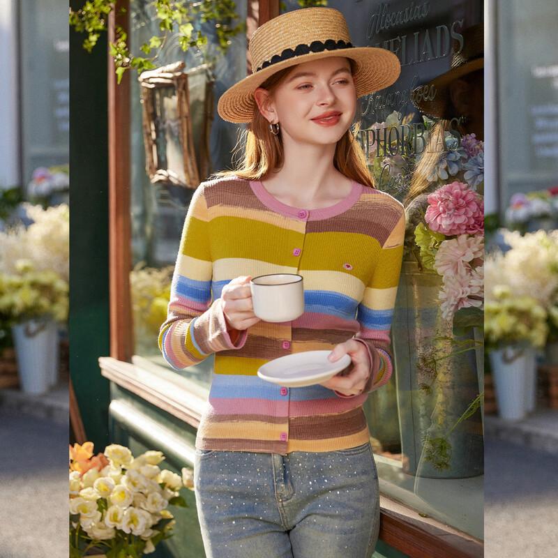 Damen-Strickjacke im koreanischen Stil, gestreift, Wollmischung