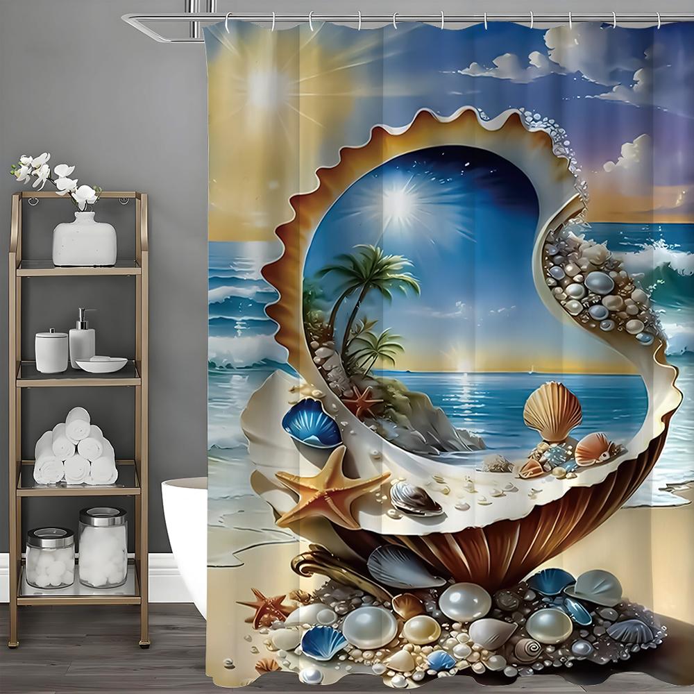Shell ocean beach flower and plant shower curtain, bathroom decoration shower curtain, waterproof hook shower curtain