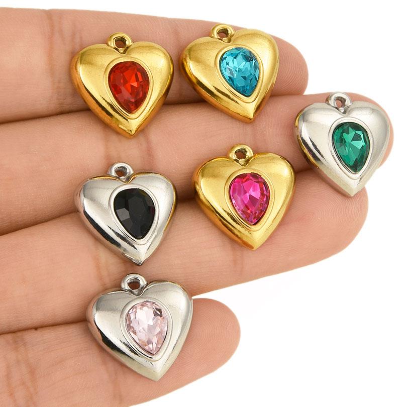 Never Fade Heart Charm Water Drop Rhinestone 6pcs Stainless Steel Charms For Jewelry Making Supplies Metal Pendant DIY Materials