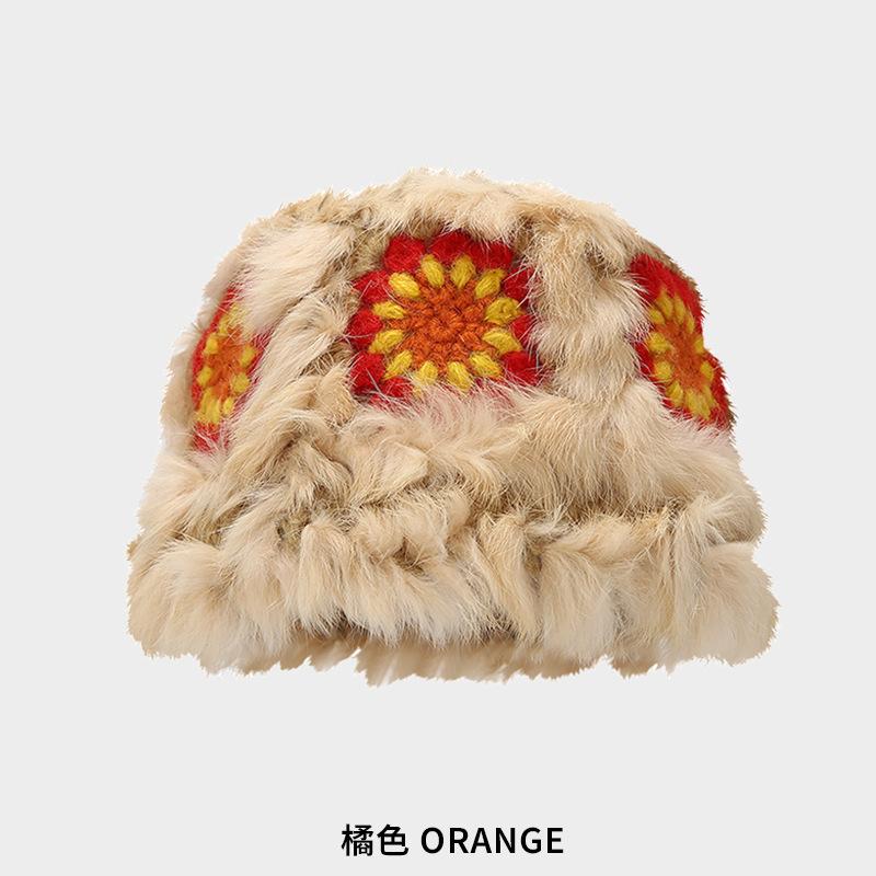 New rabbit fur lion hat women's autumn and winter cute warm plush bucket hat versatile face small handmade bucket basin hat
