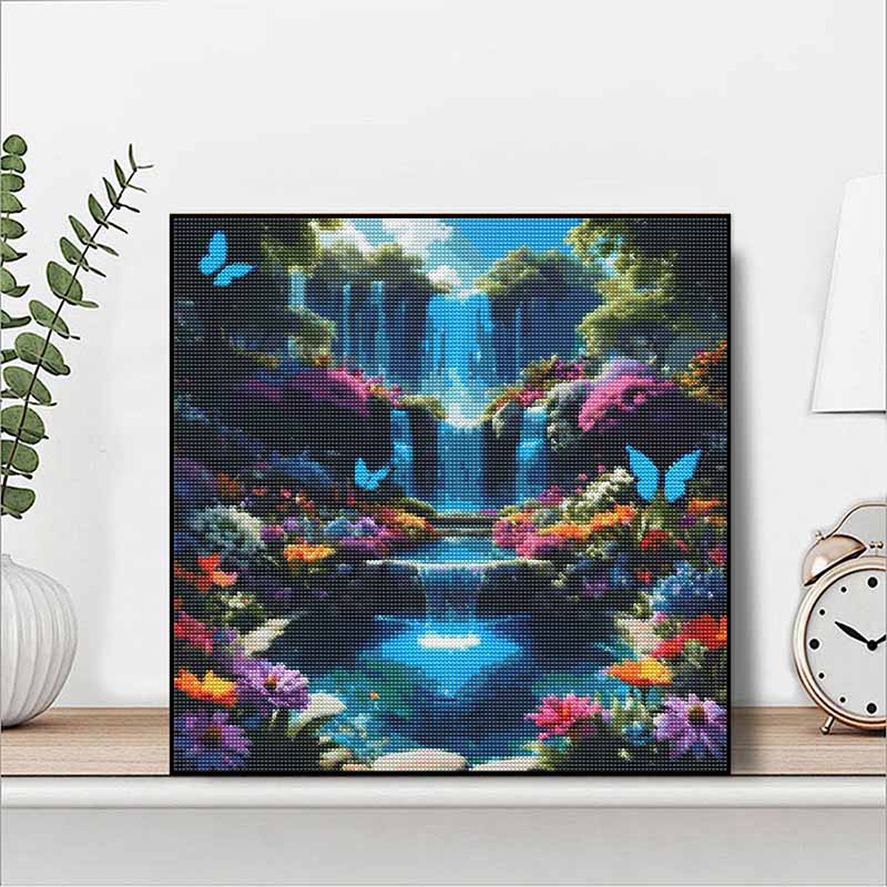 DIY Diamond Painting Canvas Kit for Adults Enchanted Waterfall Butterflies Rhinestone Craft for Stress Relief Living Room Wall Decoration Gift