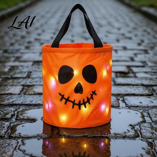 Große Vorratsbehälter für Süßigkeiten Halloween Leuchtende Kürbis-Tasche LED-Leuchtender Trick-or-Treat-Eimer Dekorative Behälter Süßigkeiten Wiederverwendbar Wasserdicht