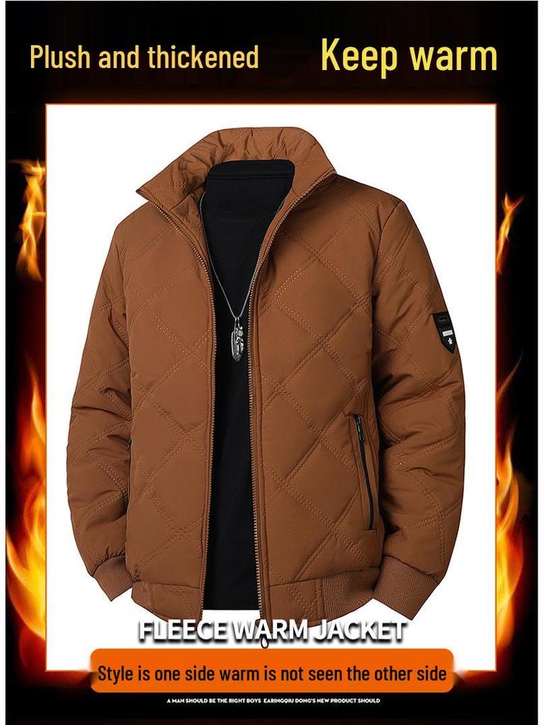 Men's 2025 Cross-border Diamond Plaid Stand Collar Jacket - Autumn/Winter Warm, Velvet-Lined Cotton Coat