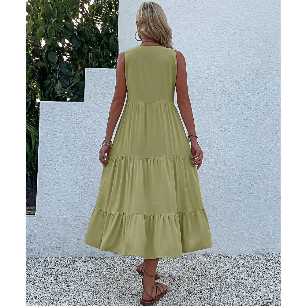 Women Solid Printed Sleeveless V Neck Casual Dress Spring Summer Fashion Daily Wear