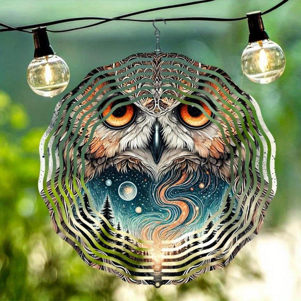 Dynamic 2D Metal Wind Spinner Mystical Owl Design Vibrant Nature Patterns Durable Outdoor Garden Decor Perfect Gift Yard Art Autumn Display