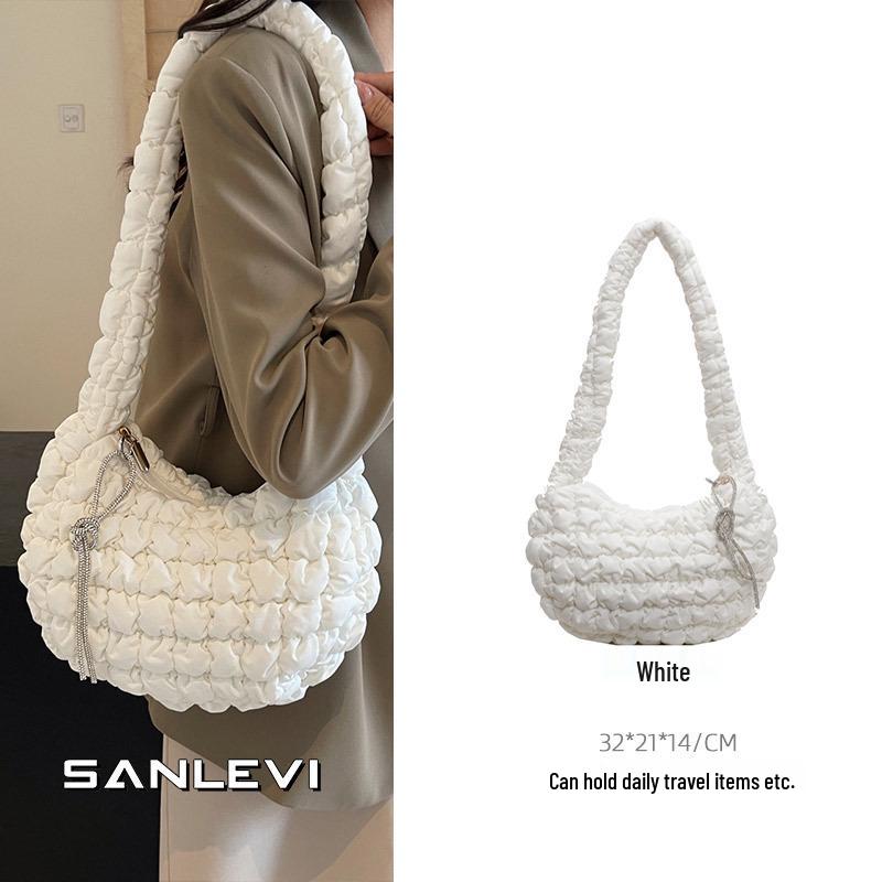 

2025 Розовая плиссированная сумка-пуховик кроссбоди в корейском стиле - Большая вместительная сумка-тоут через плечо для женщин белый